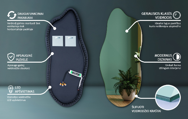 Unusual shaped led light mirror 45x100 cm