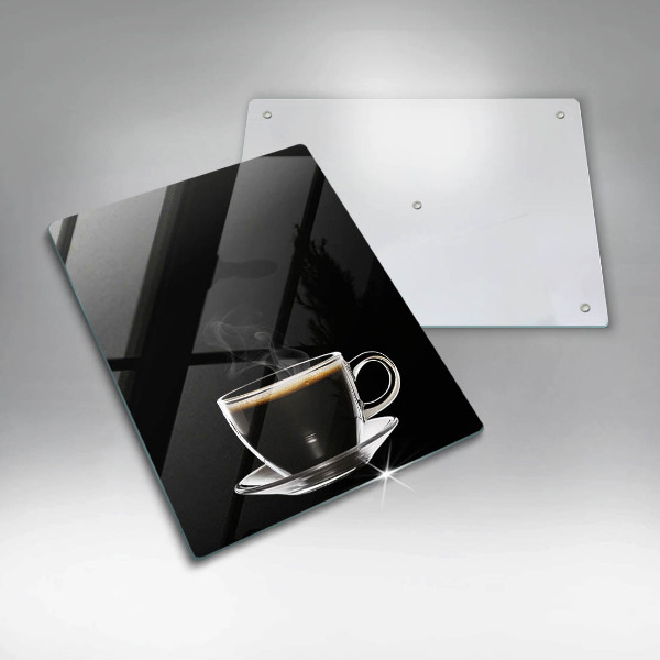 Chopping board glass A glass of hot coffee