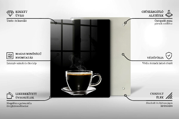 Chopping board glass A glass of hot coffee