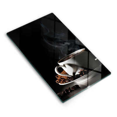 Chopping board glass A cup of hot coffee