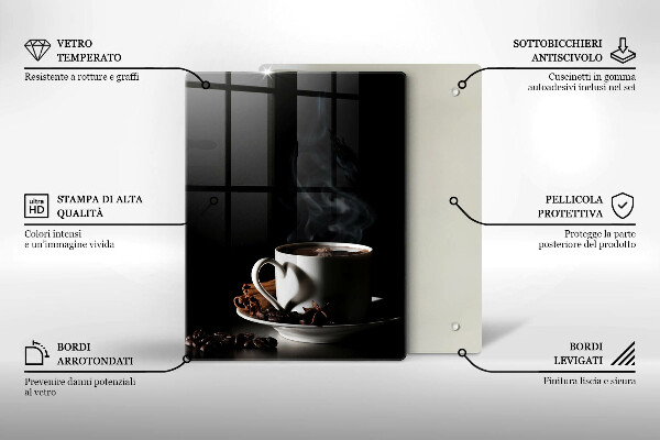 Chopping board glass A cup of hot coffee