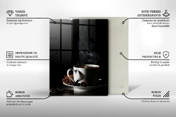 Chopping board glass A cup of hot coffee