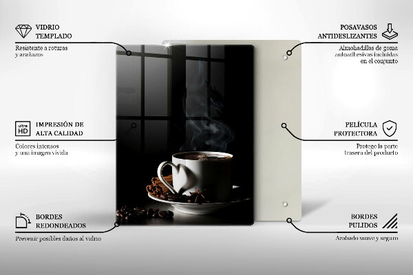 Chopping board glass A cup of hot coffee