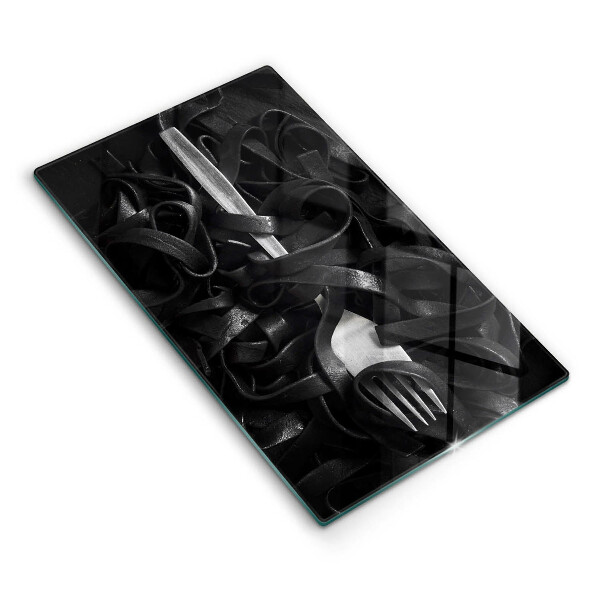 Chopping board glass Black pasta and fork