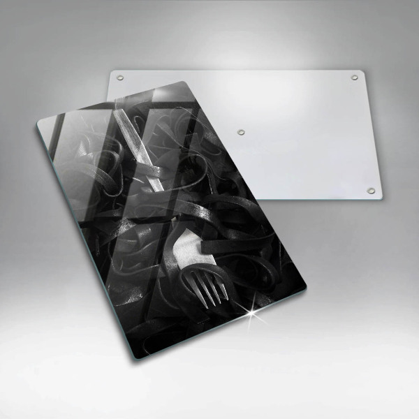 Chopping board glass Black pasta and fork