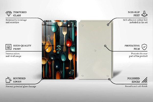 Chopping board Colorful spoons and forks