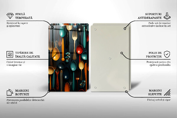 Chopping board Colorful spoons and forks