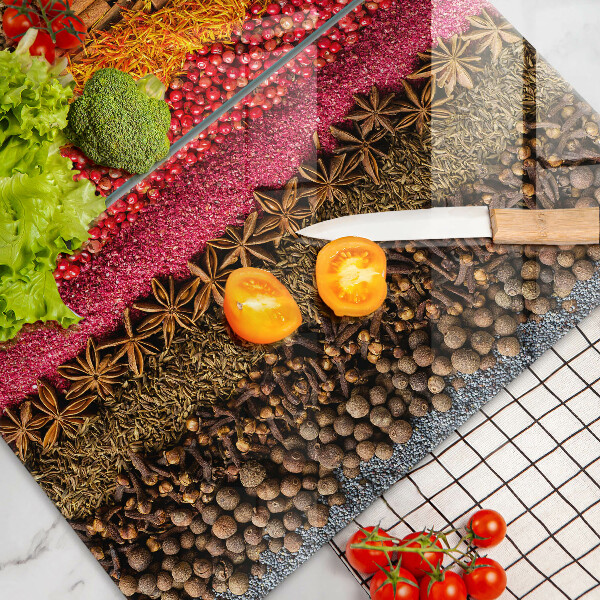 Glass chopping board Colorful spices