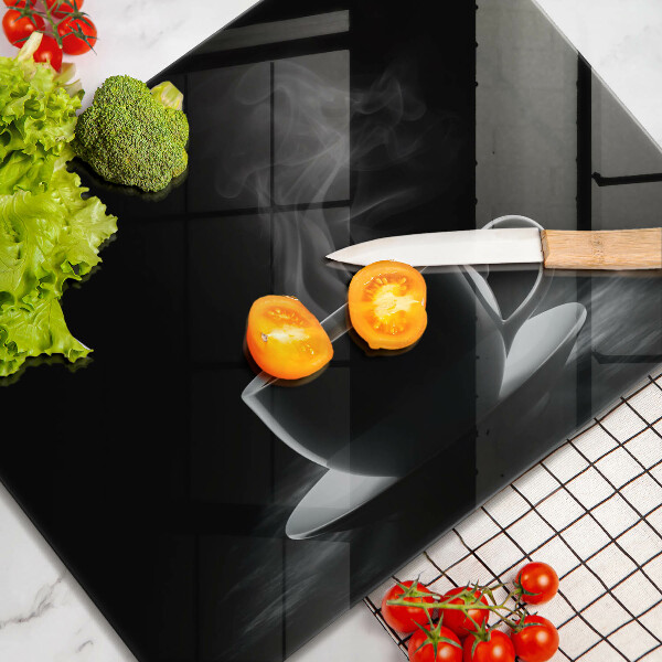 Chopping board Hot cup of coffee