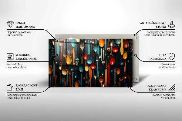 Chopping board Colorful spoons and forks