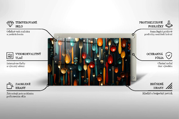 Chopping board Colorful spoons and forks