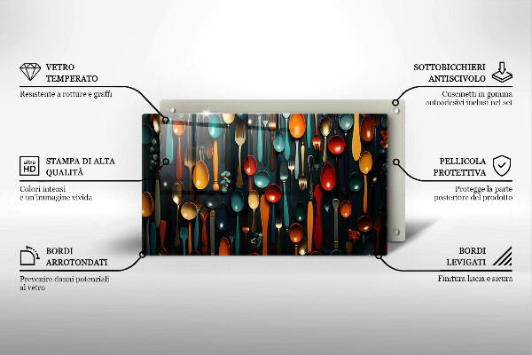 Chopping board Colorful spoons and forks