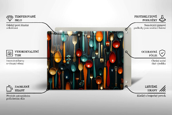 Chopping board Colorful spoons and forks