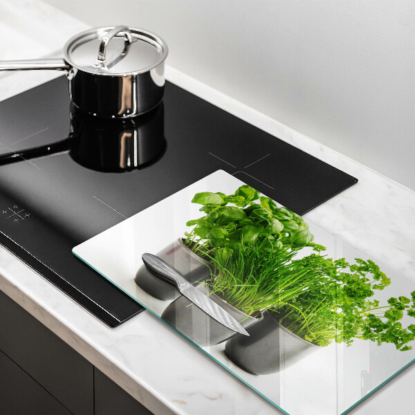 Chopping board Potflowers with herbs