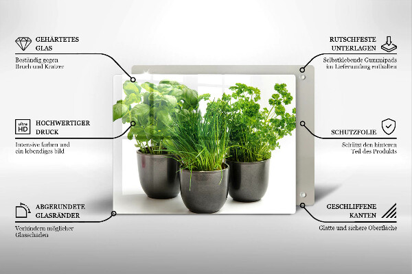 Chopping board Potflowers with herbs