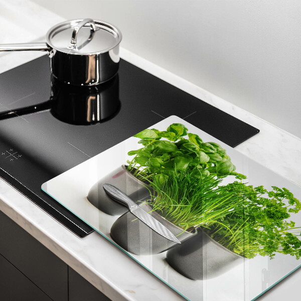 Chopping board Potflowers with herbs