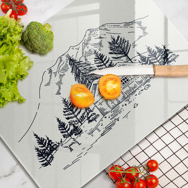 Chopping board Drawing a house in the mountains