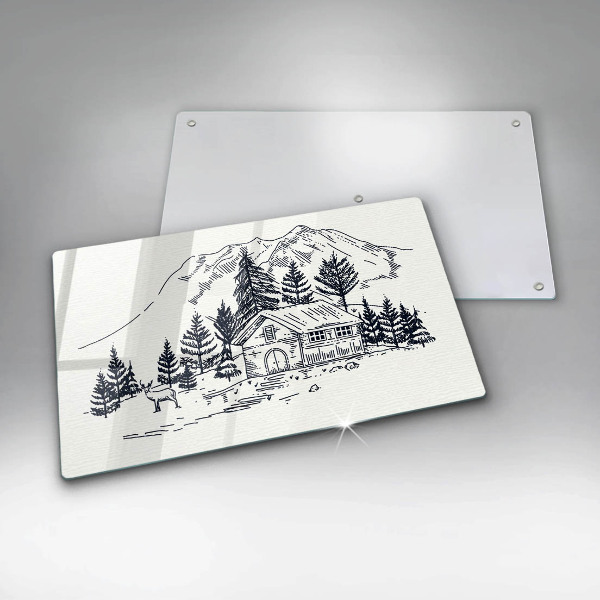 Chopping board Drawing a house in the mountains