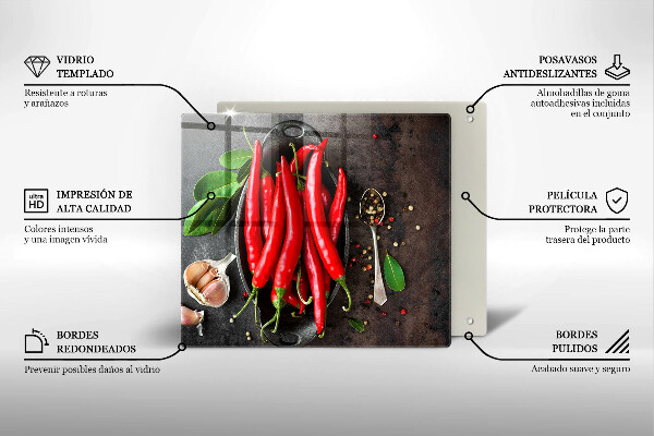 Chopping board glass Red chili peppers