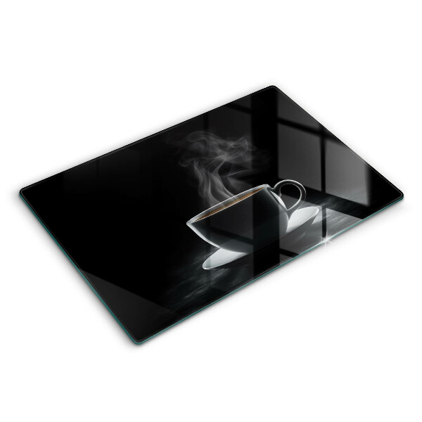Chopping board glass Hot cup of coffee