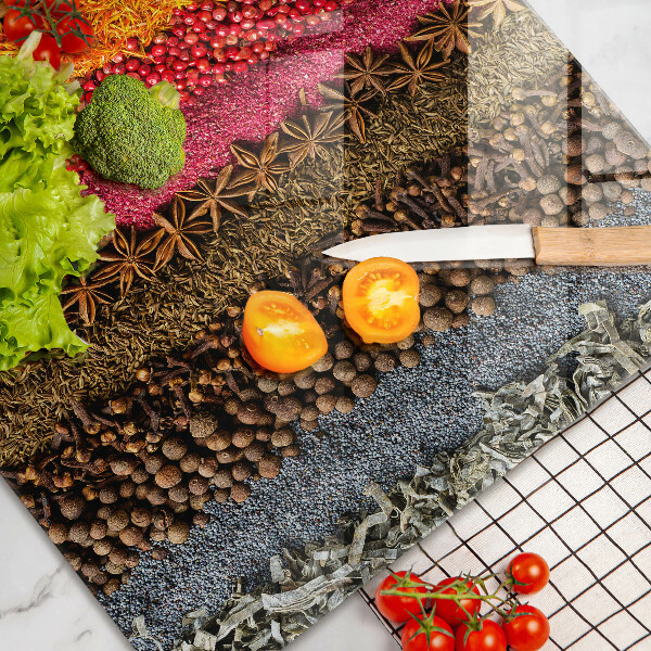 Chopping board glass Colorful spices