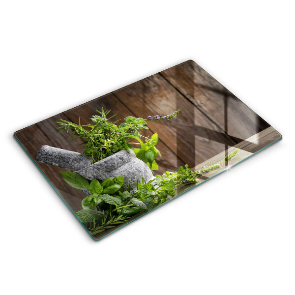 Cutting board Herbs plants and wood