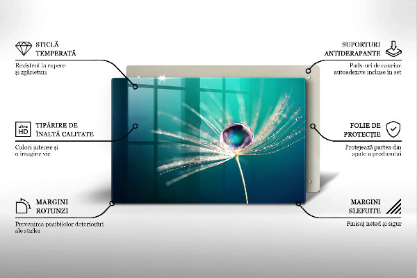 Chopping board glass Dew on a dandelion