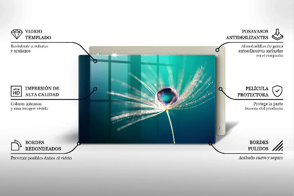Chopping board glass Dew on a dandelion