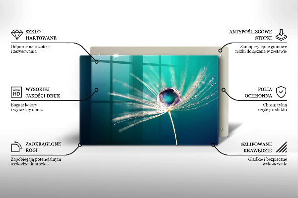 Chopping board glass Dew on a dandelion