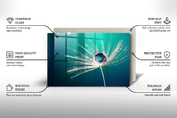 Chopping board glass Dew on a dandelion