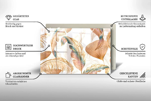 Chopping board glass Boho feathers and leaves