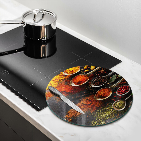 Chopping board glass Spoons with spices