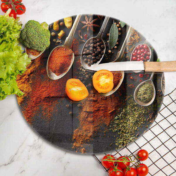 Chopping board glass Spoons with spices