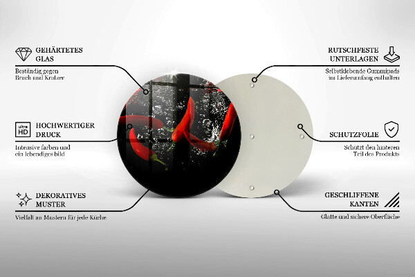 Chopping board glass Chili peppers in water