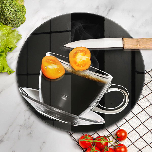 Chopping board A glass of hot coffee