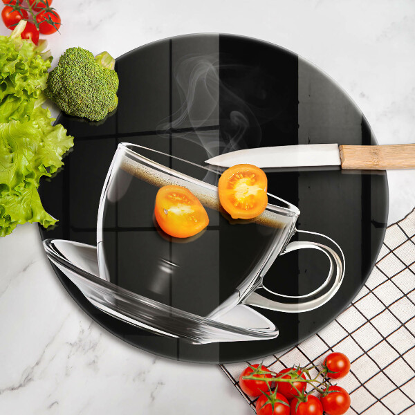 Chopping board A glass of hot coffee