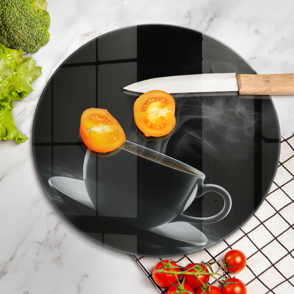 Chopping board Hot cup of coffee