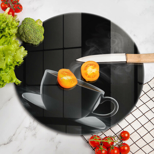 Chopping board Hot cup of coffee