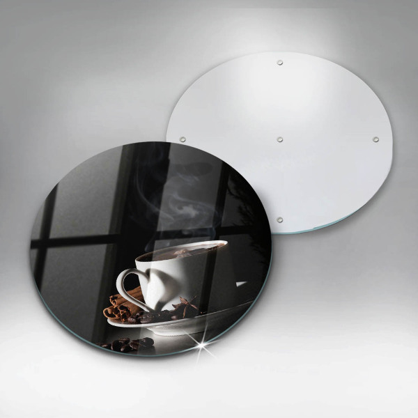Chopping board glass A cup of hot coffee