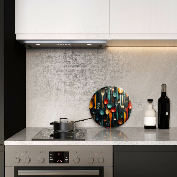 Chopping board Colorful spoons and forks