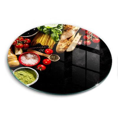 Chopping board glass Italian ingredients and spices