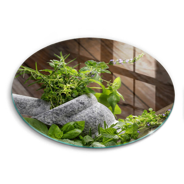 Chopping board glass Herbs plants and wood