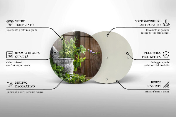 Chopping board glass Herbs plants and wood