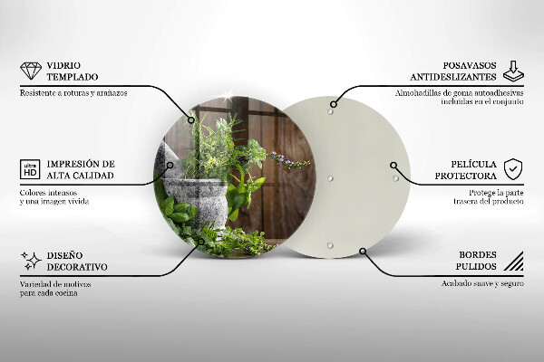 Chopping board glass Herbs plants and wood