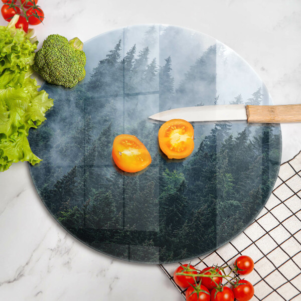 Chopping board glass Forest of trees and fog