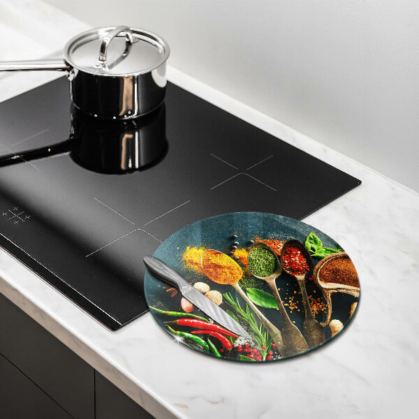 Chopping board glass Kitchen spices of spoon