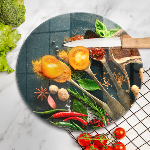 Chopping board glass Kitchen spices of spoon
