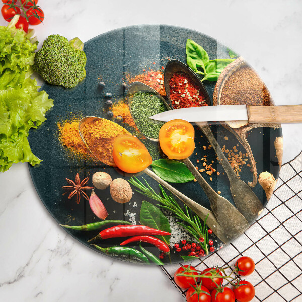 Chopping board glass Kitchen spices of spoon