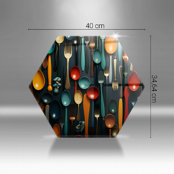 Chopping board Colorful spoons and forks