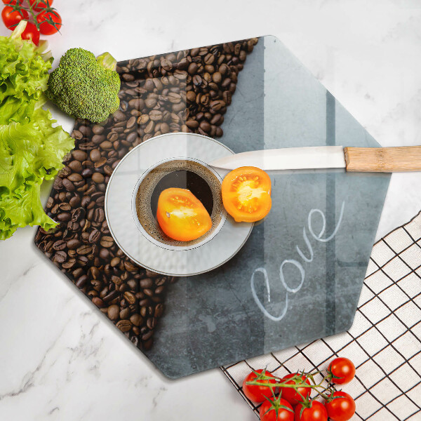 Chopping board Coffee beans and cup